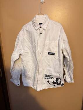 Zara Shirt Mens Large White Denim Oversized Graphic Button Up Stencil Patch Art